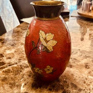 Vintage Asian brass cloisonné enamel vase with floral motifs